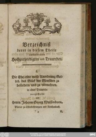 Verzeichniß derer in diesem Theile enthaltenen Hochzeitpredigten und Traureden.