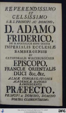 Reverendissimo Et Celsissimo ... D. Adamo Friderico ...