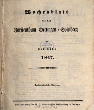 Wochen-Blatt für das Fürstenthum Oettingen-Spielberg. 1847