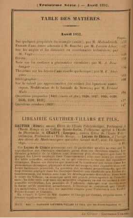 Table des matières. Avril 1892.