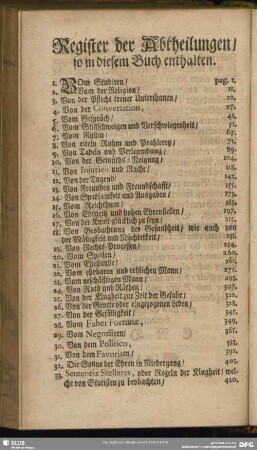 Register der Abtheilungen, so in diesem Buch enthalten