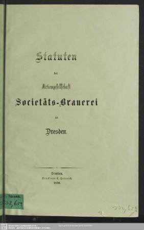 Statuten der Actiengesellschaft Societäts-Brauerei zu Dresden