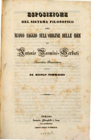 Esposizione del sistema filosofico del nuovo saggio sull'origine delle idee di Antonio Rosmini-Serbati
