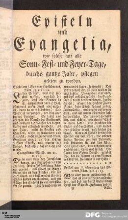 Episteln und Evangelia, wie solche auf alle Sonn- Fest- und Feyer-Tage, durchs gantze Jahr, pflegen gelesen zu werden.