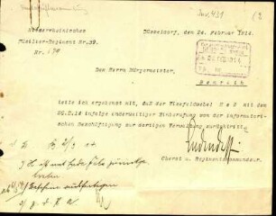 5-10-12-19.0000: Ludendorff, Erich, General; diverse Schreiben ff.: Vizefeldwebel Heß wird von der informatorischen Beschäftigung bei der Bürgermeisterei Benrath zurückberufen