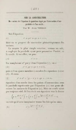 Sur la construction des racines de l'équation du quatrième degré par l'intersection d'une parabole et d'un cercle.