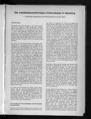 Die umsatzsteuerpflichtigen Unternehmen in Hamburg : Vorläufige Ergebnisse der Umsatzsteuerstatistik 1970