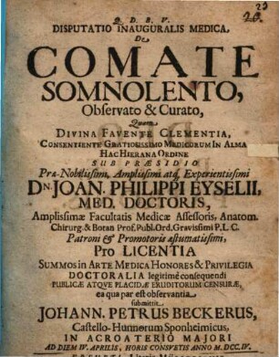 Disp. inaug. med. de comate somnolento, observato et curato