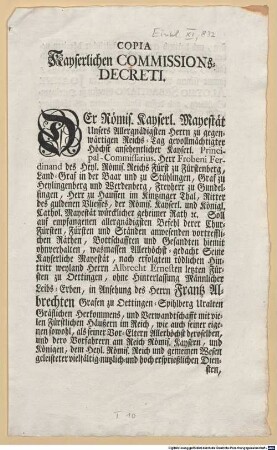 Copia Kayserlichen Commissions-Decreti : Signatum Wien den 2.ten Martij 1735