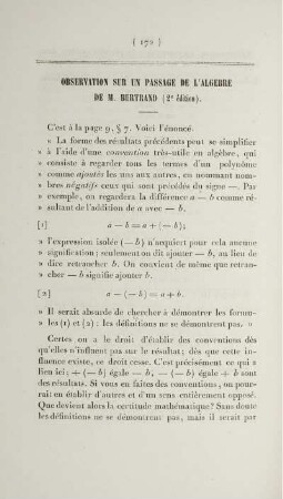 Observation sur un passage de l'algebre de M. Bertrand (2e édition).