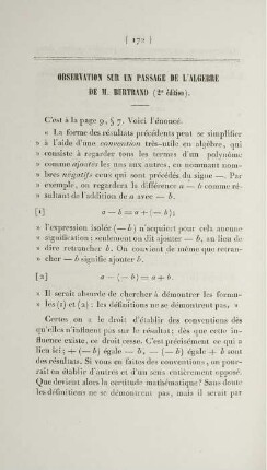 Observation sur un passage de l'algebre de M. Bertrand (2e édition).