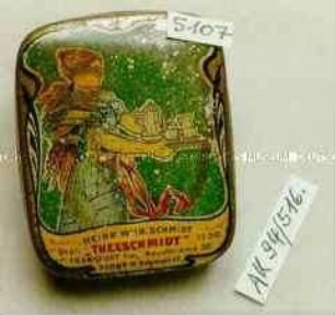 Proben-Blechdose für Tee "HEINR. WILH. SCHMIDT 'THEESCHMIDT' FRANKFURT a/M, BERLIN"