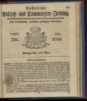 22tes Stueck, Montag den 30ten May. 1796