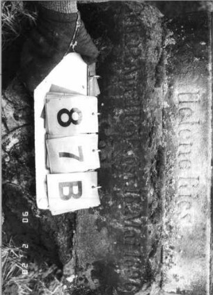 Grabstein 87 (Index: 100114834) Material: Sandstein und ? Zustand: Stele und Giebel beschädigt, leicht verwittert Maße HxBxT: 180x61x30 cm Beschreibung: Ädikula, Blatt im Giebel: Grabstein 87B