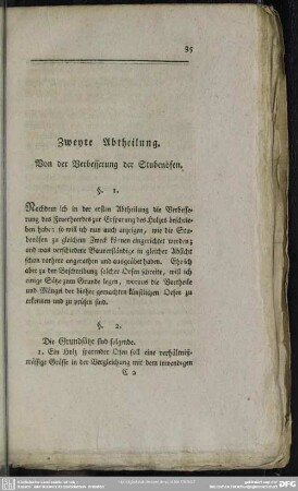 Zweyte Abtheilung. Von der Verbesserung der Stubenöfen