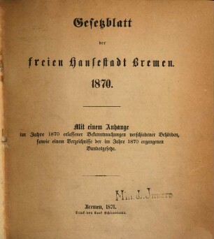 Gesetzblatt der Freien Hansestadt Bremen. 1870, 1870 (1871)
