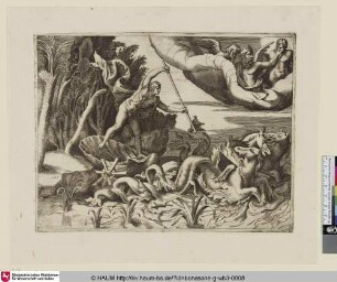 [Neptune tiré dans son char par des chevaux marins; Neptun in seinem von Seerossen gezogenen Muschelwagen]