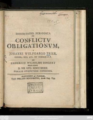 Dissertatio Periodica De Conflictv Obligationvm
