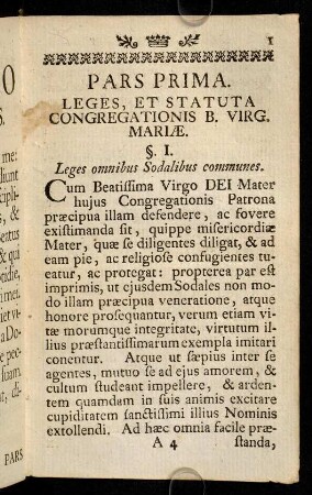 1-49, Pars Prima. Leges, Et Statuta Congregationis B. Virg. Mariae.