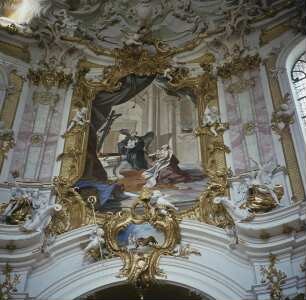 Ein Engel überreicht Kaiser Ludwig IV. das Gnadenbild mit dem Auftrag, Ettal zu stiften