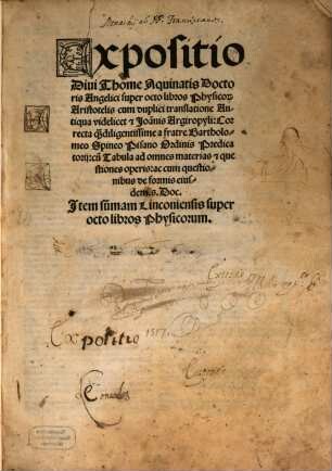 Sancti Thomae Aquinatis Expositio super octo libros Physicorum Aristotelis