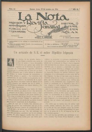 Un artículo de S.E. el señor Hipólito Irigoyen
