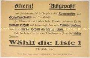 Handzettel mit Aufruf der Christlichen Liste zur Elternratswahl