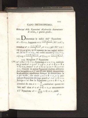Capo Decimoprimo. Soluzioni delle Equazioni Algebraiche determinate di terzi, e quarto grado.