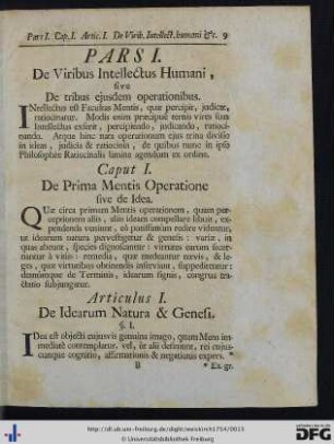 Pars I. De Viribus Intellectus Humani, sive De tribus ejusdem operationibus.