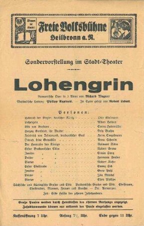 Theater-Zettel zu einer Sondervorstellung des "Lohengrin" der Freien Volksbühne im Stadttheater, mit Einführungstext von Ludwig Schumm