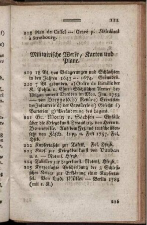 Militairische Werke, Karten und Plane