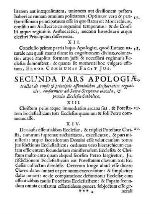 Secunda Pars Apologiæ, tractat de causis & principiis essentialibus Aristocratici regiminis [...]