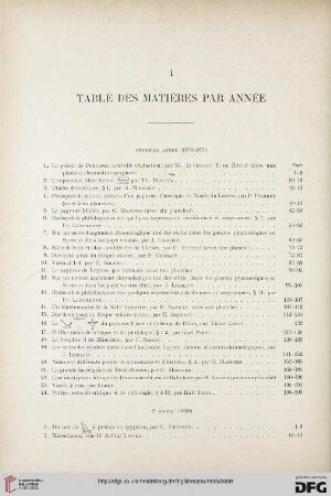 I: Table des matières par année