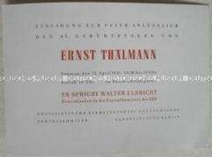 Einladung als Ehrengast der Gedenkfeier des ZK der SED anlässlich des 65. Geburtstages von Ernst Thälmann