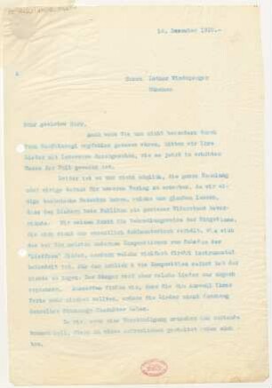 Brief an Lothar Windsperger : 14.12.1910