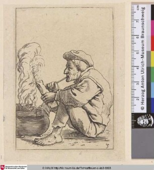 [Hockender Bauer vor einem Kessel; Crouching peasant in left profile before a smouldering cauldron]