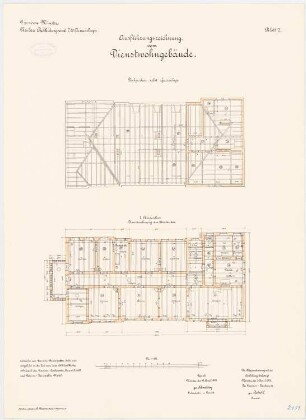 Bekleidungsamt des VII. Armeekorps, Münster: Dienstwohngebäude: Grundriss Obergeschoss, Dachgeschoss, Sparrenlage 1:100