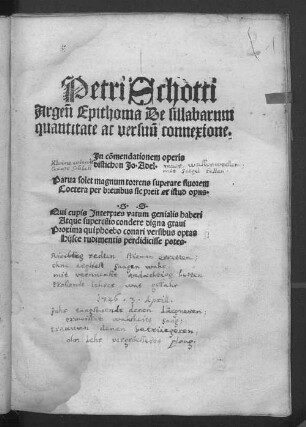 Petri Schotti Epithoma de sillabarum quantitate ac versuum connexione