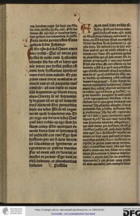 Postilla. Amen amen dico vobis etc, Joh x... Ante initium illius evangelii scribit sanctus Iohannes in precedenti capitulo quod Christus dixit In iudicium ego...