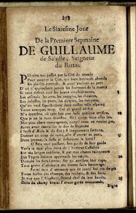 Le Sixiesme Jour De la Premiere Sepmaine De Guillaume de Saluste, Seigneur du Bartas = Der Sechste Tag Der ersten Woche ...