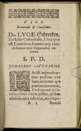 Viro Reverendo & Clarissimo, Dn. Lucæ Schrecekn [...]