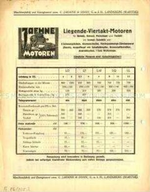 Preisliste über liegende Viertaktmotoren und Dampf-Motor-Dreschmaschinen