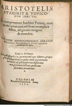 Aristotelis Stagiritae Topicorum Libri VIII.