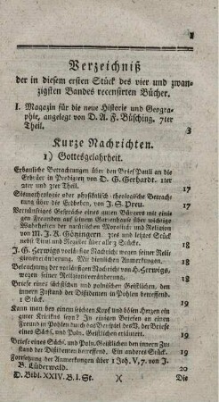 Verzeichniß der in diesem ersten Stück des vier und zwanzigsten Bandes recensirten Bücher.