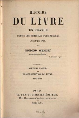 Histoire du livre en France depuis les temps les plus reculés jusqu'en 1789, 2