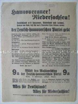 Wahlaufruf der Deutsch-hannoverschen Partei zur Reichstagswahl im November 1932 mit Kritik an einer Gebietsreform