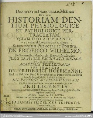Dissertatio Inauguralis Medica Exhibens Historiam Dentium Physiologice Et Pathologice Pertractatam