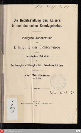 Die Rechtsstellung des Kaisers in den deutschen Schutzgebieten