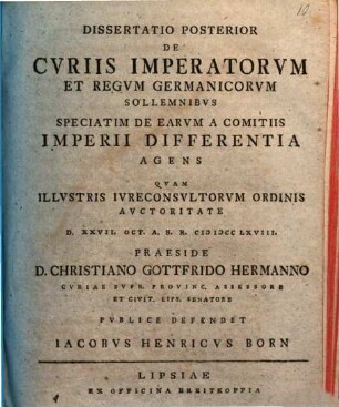 De curiis imperatorum et regum Germanicorum solemnibus earumque a comitiis Imperii differentia diss., Posterior