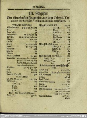 III. Register Der fürnehmsten Zeugnissen aus Talmud, Targumim und Rabbinen, so in dem Wercke eingeführet